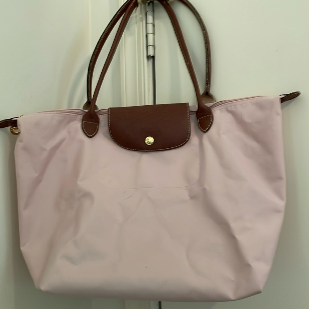 Large champagne pink - Le Pilage Tote w/ leather trim handles top zip closure